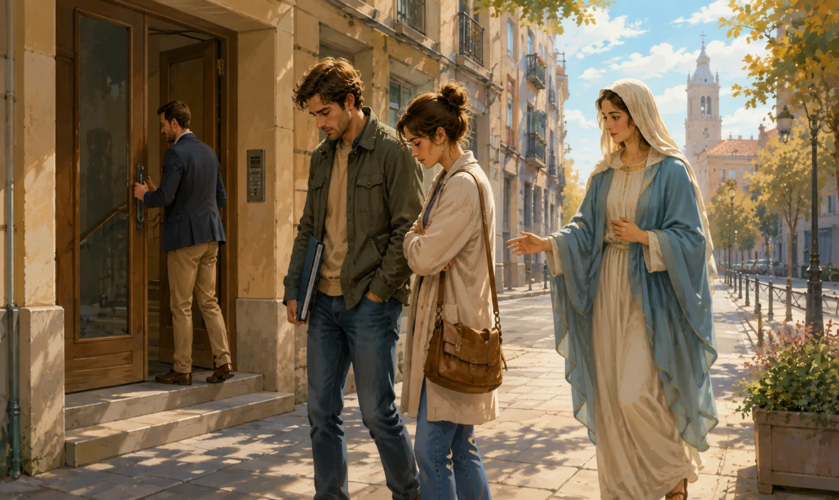 Cuando una vivienda se nos escapa, María nos acompaña. Una escena diurna y completamente diferente a las imágenes anteriores. Exterior de un edificio urbano después de una visita a una vivienda. Una pareja permanece unos instantes en la acera mientras, al fondo, un agente inmobiliario cierra físicamente la puerta del portal. Uno de ellos sostiene una sencilla carpeta con documentación y el otro mira hacia abajo con una decepción contenida. María aparece caminando hacia ellos desde un lateral, cercana y maternal, sin tocar la puerta, sin señalar otra casa y sin llevar llaves. Su gesto invita sencillamente a continuar caminando. La calle sigue abierta hacia el fondo, donde la luz natural ilumina el camino, sin mostrar ninguna vivienda como destino prometido. Puede aparecer discretamente una cruz en la torre lejana de una iglesia, recordando que María conduce a Jesucristo. Ilustración artística claramente dibujada, más ilustración que fotografía, profundamente mariana.