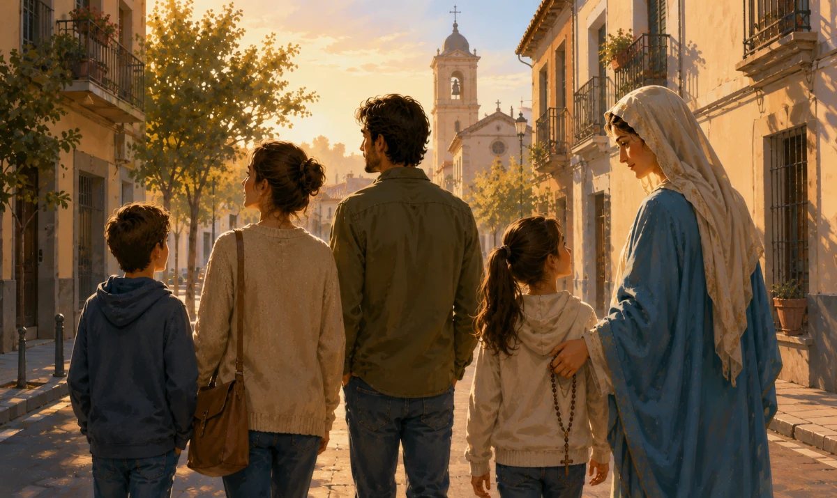 Oración por el hogar que aún no conocemos acompañados por María. Una ilustración completamente distinta de las anteriores. Escena exterior al amanecer en un barrio urbano tranquilo. Una familia camina por una calle que todavía está despertando, sin detenerse delante de ninguna vivienda concreta. Se ven diferentes edificios y balcones a ambos lados, pero ninguno aparece destacado como “su futura casa”. María camina discretamente junto a ellos, integrada en el grupo y ligeramente vuelta hacia la familia con expresión maternal y serena. Lleva un rosario entre las manos. Uno de los miembros de la familia mira hacia los edificios con curiosidad mientras otro continúa caminando, transmitiendo que todavía no saben dónde terminará la búsqueda. Al fondo de la calle, entre los edificios, se distingue el campanario de una iglesia coronado por una cruz, recordando de forma sutil que María acompaña y conduce hacia Jesús. La luz de primera hora ilumina progresivamente la calle, pero sin rayos sobrenaturales ni señales que indiquen una vivienda concreta. La imagen debe transmitir futuro abierto, búsqueda, familia, confianza y camino, no la certeza de que exista una casa determinada esperándolos.