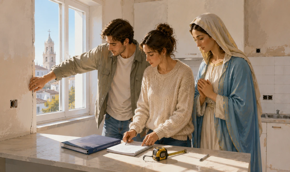 Elegir la casa adecuada con prudencia y la compañía de María. Una escena totalmente diferente a las anteriores, situada durante una visita realista a una vivienda vacía a plena luz del día. Una pareja está en una cocina sencilla, sin muebles, observando con atención el espacio. Sobre la encimera hay una carpeta, una cinta métrica y una hoja con algunas anotaciones, mostrando que están valorando la vivienda con los pies en la tierra. Uno mira discretamente una ventana o una pequeña grieta en la pared mientras el otro consulta las notas: no están celebrando ni decepcionados, están pensando. María aparece cerca de ellos, serena y maternal, sin señalar nada, sin entregar llaves y sin indicar si deben comprar o no; sus manos permanecen suavemente juntas en actitud de oración, como presencia que acompaña el discernimiento. A través de la ventana entra una luz clara y, muy discretamente, puede verse a lo lejos la torre de una iglesia con una cruz, recordando que María lleva nuestra oración hacia Jesucristo. La imagen debe transmitir prudencia, serenidad, diálogo y responsabilidad, no la idea de que María elige la vivienda por ellos. Ilustración artística, claramente ilustrada y no fotográfica, luminosa, colores suaves