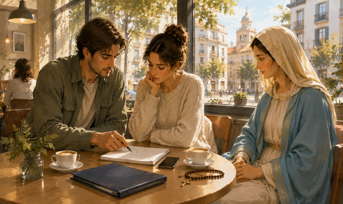 Buena oportunidad de vivienda discernida con la compañía de María. Una escena completamente distinta a las anteriores. Una pareja está sentada en una pequeña cafetería tranquila después de visitar una vivienda. Sobre la mesa hay una carpeta cerrada, una libreta con dos o tres anotaciones, un teléfono móvil boca abajo y un rosario, pero no aparecen contratos ni llaves. Ambos conversan con calma: uno señala discretamente una anotación mientras el otro escucha, mostrando que están intentando valorar lo visto sin precipitarse. María está sentada en una mesa cercana o integrada de manera natural junto a ellos, maternal y serena, escuchando y acompañando sin señalar la carpeta ni indicar cuál debe ser la decisión. A través del amplio ventanal se ve una calle urbana con edificios de viviendas y, al fondo, discretamente, una pequeña cruz sobre una iglesia. Luz de media mañana, ambiente cotidiano, colores cálidos con verdes y tonos crema, composición diferente a todas las imágenes anteriores. La escena debe transmitir discernimiento, diálogo, sabiduría y tranquilidad ante una posible oportunidad, nunca que María garantiza que esa vivienda sea la correcta. Ilustración artística, claramente ilustrada