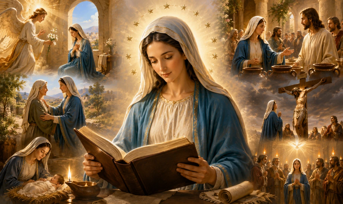 María en la Biblia: pasajes principales y significado Virgen María contemplando la Sagrada Escritura junto a escenas de su presencia en la Biblia. Escena ilustrada y luminosa con María como figura central sosteniendo o contemplando un pergamino o libro de la Sagrada Escritura. A su alrededor, de manera muy sutil, pequeñas escenas evocadoras: la Anunciación, Caná, la Cruz y Pentecostés. No convertirlo en collage recargado. María debe aparecer serena, contemplativa y orientada visualmente hacia Cristo. Estilo ilustrado, bíblico, íntimo y mariano.