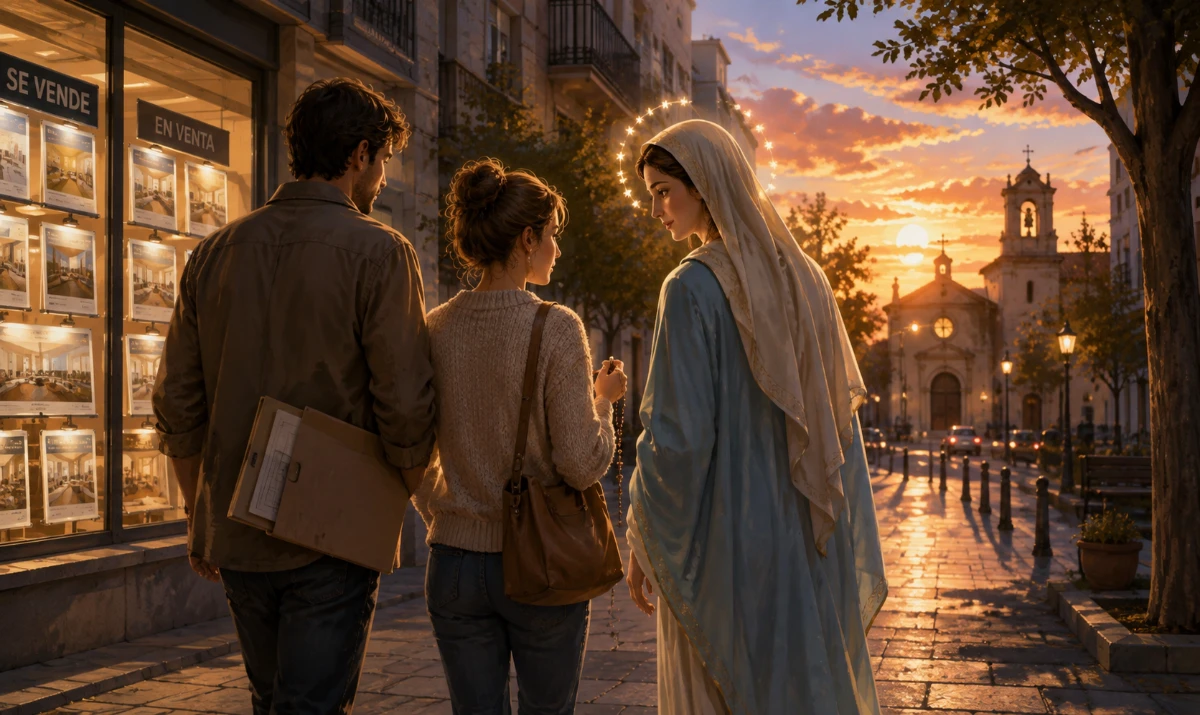 Buscar vivienda con María mientras seguimos confiando. Una escena cotidiana y urbana completamente diferente a las ilustraciones anteriores. Una pareja sale de una visita a un piso y camina por una calle de ciudad al final de la tarde; uno lleva discretamente una carpeta con documentación y el otro sostiene un pequeño rosario. No hay ninguna vivienda idealizada ni unas llaves como promesa. María aparece cercana pero sutil, caminando unos pasos junto a ellos con expresión maternal y serena, orientando la mirada hacia una pequeña iglesia iluminada al fondo como signo de que toda confianza termina en Dios y en Jesucristo. Ilustración artística, cálida, profundamente mariana, más ilustración que fotografía.
