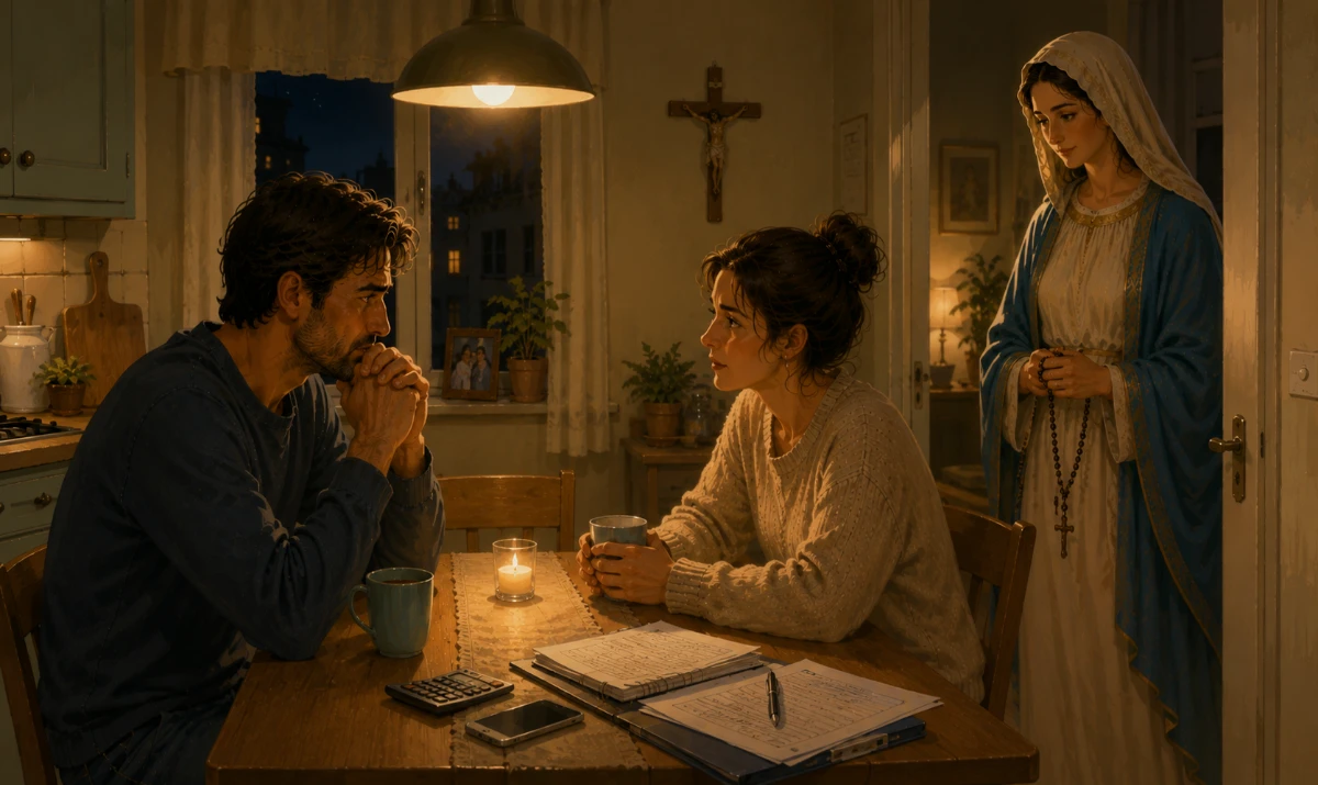 Oración a María para hablar con serenidad y cuidar el diálogo familiar. Una escena nocturna, cotidiana y diferente de las ilustraciones anteriores. En una cocina sencilla después de cenar, un matrimonio permanece sentado frente a frente en una mesa pequeña. Se percibe que han tenido una conversación difícil: no están enfadados de forma teatral, sino cansados. Uno sostiene una taza entre las manos y el otro ha dejado a un lado unas hojas con cuentas y anotaciones relacionadas con viviendas. Entre ambos queda un espacio que poco a poco empieza a cerrarse: se miran nuevamente con intención de escucharse. María aparece de pie junto a una puerta abierta de la cocina, cercana pero discreta, sosteniendo un rosario y contemplándolos con serenidad maternal, sin intervenir físicamente ni señalar los documentos. En una pared del fondo, un pequeño crucifijo recuerda discretamente a Jesús. La luz principal procede de una lámpara sobre la mesa y crea una atmósfera íntima de final de día. La escena debe expresar cansancio, reconciliación, silencio antes de volver a hablar y cuidado de las palabras; nada de dramatismo ni soluciones milagrosas. Ilustración artística