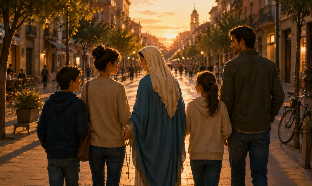 Oración a María para confiar en el camino mientras seguimos buscando vivienda. Una escena completamente diferente a la ilustración anterior. Una familia camina al atardecer por una larga calle urbana peatonal después de una jornada de búsqueda. No contemplan casas desde lejos ni aparece ninguna vivienda destacada. Caminan hacia el fondo de la calle, cuyo final queda oculto suavemente por la perspectiva y la luz, simbolizando un destino que todavía no pueden ver. María camina físicamente entre ellos, ligeramente retrasada, cercana y maternal, compartiendo el camino en vez de mostrárselo. Lleva un rosario discretamente entre las manos. Uno de los miembros de la familia mira hacia María mientras los demás continúan avanzando juntos. A ambos lados hay vida cotidiana: comercios cerrando, bicicletas, vecinos, balcones y luces que comienzan a encenderse. En la profundidad de la calle aparece discretamente una pequeña cruz sobre una iglesia, como referencia a Jesucristo. La imagen debe transmitir continuidad, gratitud, compañía y una esperanza tranquila, sin llaves, puertas abiertas, casas elegidas ni ningún símbolo de resultado garantizado. Ilustración artística, cálida, claramente no fotográfica y profundamente mariana.