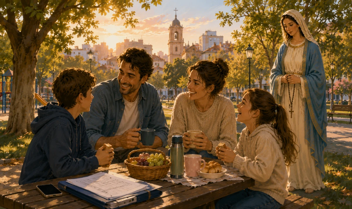 Oración a María para no perder la alegría mientras buscamos vivienda. Una escena completamente diferente a las imágenes anteriores y llena de vida cotidiana. Una familia pasa una tarde sencilla en un parque urbano: algunos comparten una merienda en un banco o una mesa de madera mientras otros ríen por una pequeña anécdota. Sobre el banco permanece un teléfono móvil guardado junto a una carpeta cerrada con papeles de viviendas, mostrando que por un rato han decidido detener la búsqueda. María camina discretamente unos pasos detrás de la familia, con vestimenta mariana reconocible y un rosario entre las manos, contemplándolos con una sonrisa maternal serena. A lo lejos, entre los edificios de la ciudad, se distingue discretamente la torre de una iglesia coronada por una cruz, como referencia a Cristo. La escena no representa que hayan encontrado una casa: representa que siguen viviendo, queriéndose y agradeciendo mientras esperan. Luz suave de final de tarde, sensación de descanso, familia, esperanza y alegría contenida. Ilustración artística claramente no fotográfica, muy mariana