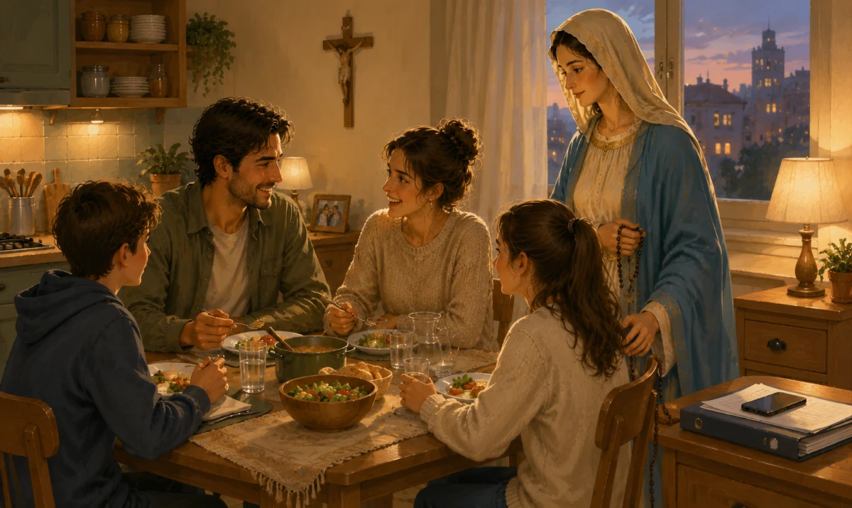 Paz familiar al buscar vivienda acompañados por la Virgen María. Una escena cotidiana y completamente distinta de las ilustraciones anteriores. Una familia comparte una cena sencilla en una cocina-comedor de un piso modesto. Sobre un mueble apartado quedan un teléfono móvil, una carpeta y algunos papeles relacionados con la búsqueda de vivienda, cerrados y fuera de la mesa, indicando que por un momento han decidido dejar de buscar. La familia conversa, uno de sus miembros sonríe y otro sirve la comida. María aparece integrada con delicadeza en la escena, cercana a la familia y con una expresión maternal serena; no mira los documentos ni señala ninguna vivienda, sino a las personas reunidas. Puede apoyar suavemente una mano en el respaldo de una silla mientras sostiene discretamente un rosario con la otra. Al fondo, sobre una pared sencilla, un pequeño crucifijo recuerda que María conduce siempre hacia Jesús. La imagen debe transmitir una idea muy concreta: todavía no han encontrado la casa que buscan, pero no quieren perder la vida familiar mientras esperan. Ilustración artística, cálida