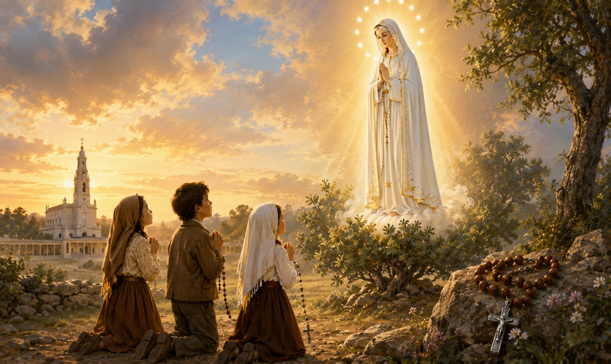 Nuestra Señora de Fátima con los tres pastorcitos rezando el Rosario Los tres pastorcitos de Fátima arrodillados en oración en la Cova da Iria, con la Virgen María luminosa sobre una pequeña encina. Los niños sostienen sus rosarios y una luz suave envuelve la escena. Evitar una recreación fotográfica; estilo ilustrado, espiritual, sereno y reverente, con tonos claros y luminosos.
