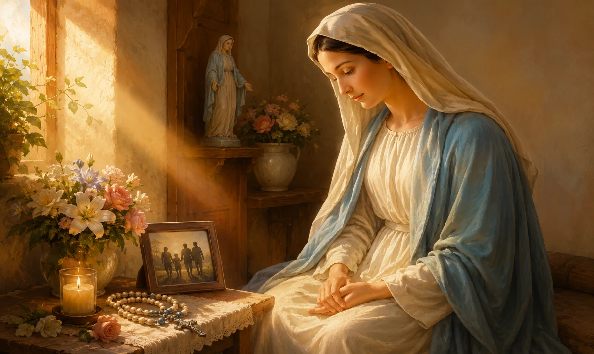 Oraciones a la Virgen María | Rosario Mundial Virgen María acogiendo las oraciones y necesidades de personas que acuden a Ella, con un Santo Rosario entre sus manos.