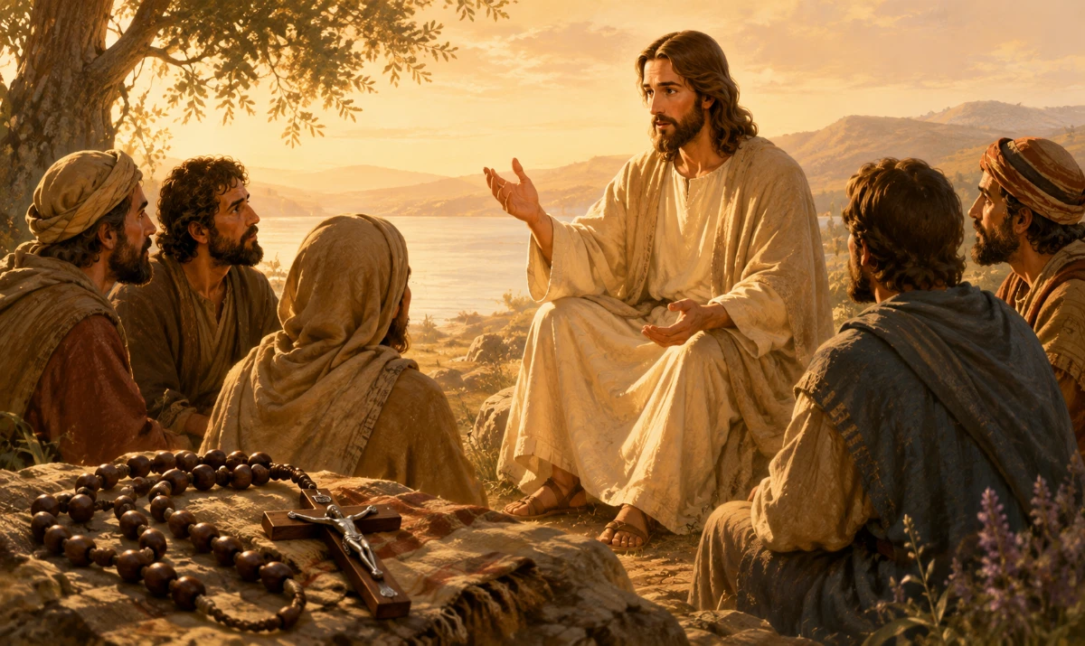 Jesús enseña el Padre Nuestro a sus discípulos. Ilustración 16:9 sin texto. Jesús enseñando a rezar a un pequeño grupo de discípulos en un entorno sencillo, tranquilo y luminoso. En primer plano puede aparecer discretamente un rosario, conectando visualmente la oración del Señor con el Santo Rosario. Estilo ilustrado, cálido y reverente, no fotográfico.