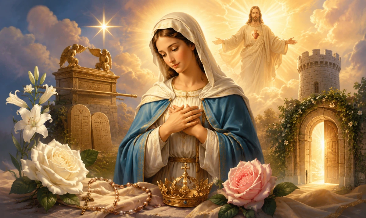 Virgen María rodeada de símbolos de sus principales títulos marianos, orientando la mirada hacia Jesucristo. Títulos de la Virgen María: significado y explicación. La Virgen María en el centro, representada de forma serena, humilde y luminosa, con Jesucristo claramente como referencia última de la composición mediante una luz cálida al fondo. Alrededor de María, sin convertir la imagen en un collage, aparecen símbolos relacionados con algunos de sus títulos: una rosa blanca, una estrella, un arca estilizada, una puerta iluminada, lirios, una pequeña corona colocada discretamente a sus pies y un rosario. Importante: la corona NO sobre María como símbolo de poder mundano; puede aparecer ofrecida o colocada a sus pies para expresar que toda su grandeza procede de Dios. Estilo ilustrado, elegante, mariano, contemplativo y luminoso.