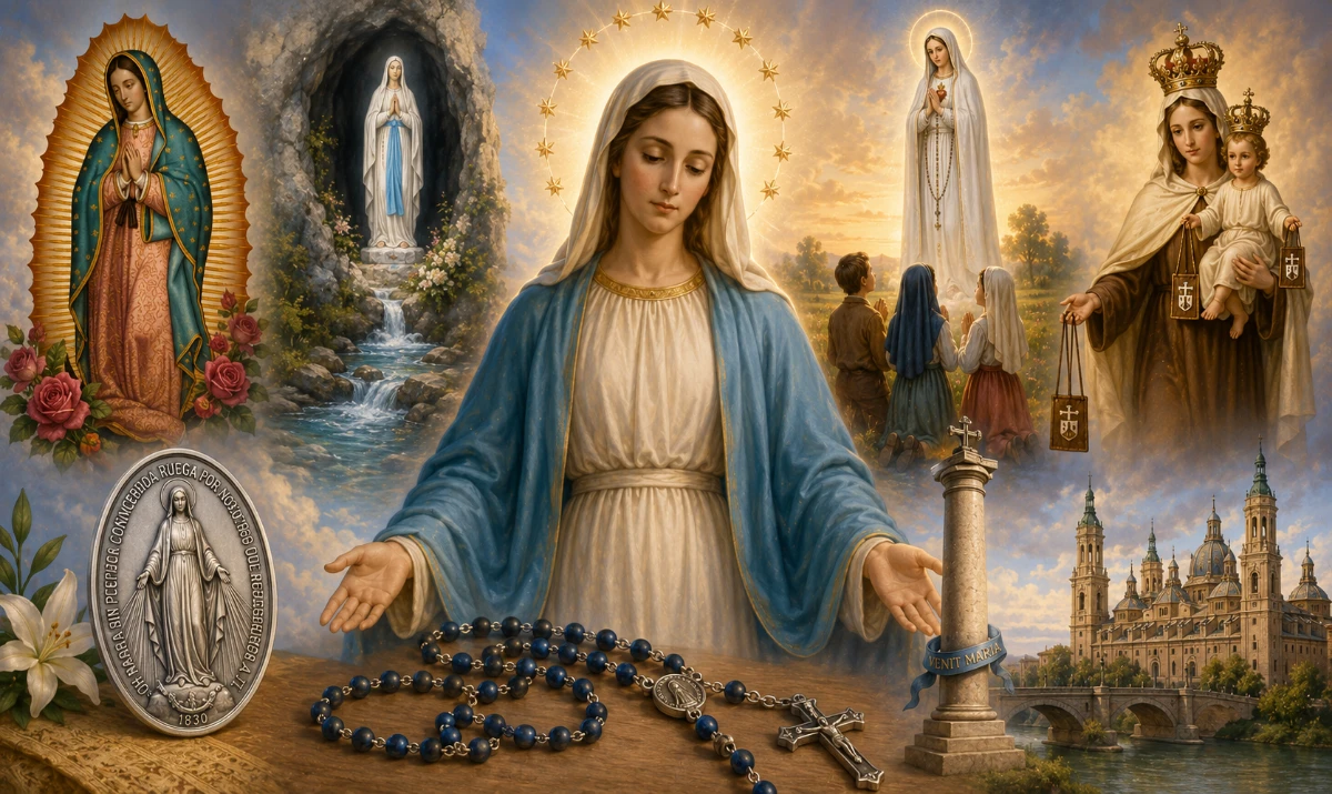 La Virgen María como figura central y serena. A su alrededor, integrados de manera sutil y no como collage, algunos símbolos reconocibles de distintas advocaciones: rosas de Guadalupe, gruta y agua de Lourdes, rosario de Fátima, escapulario del Carmen y columna del Pilar. Estilo ilustrado, mariano, luminoso y reverente. Evitar representar varias Vírgenes distintas: debe quedar visualmente claro que es una sola María evocada mediante distintos símbolos.