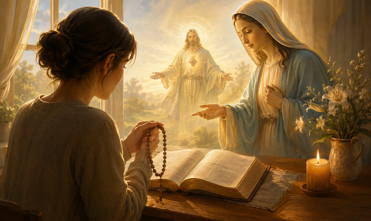 ¿Qué es el Santo Rosario y por qué rezarlo? | Rosario Mundial Una escena tranquila de aprendizaje y oración: una persona con un rosario y una Biblia abierta, con presencia delicada de María acompañando y señalando simbólicamente hacia Cristo. Estilo ilustrado, luminoso, íntimo y mariano.