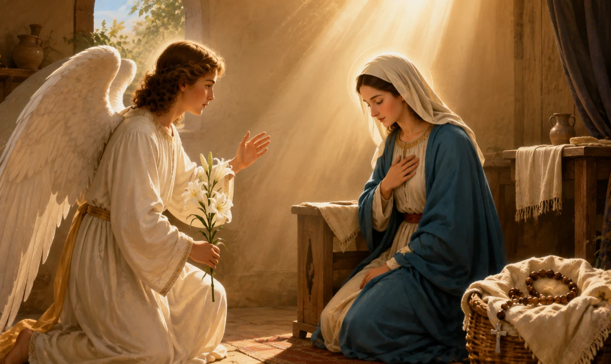 La Virgen María recibe el anuncio del ángel Gabriel en la Anunciación. Ilustración 16:9 sin texto. La Virgen María en el momento de la Anunciación, con gesto humilde y sereno, el ángel Gabriel ante ella y una luz suave que desciende desde lo alto. En segundo plano o integrado discretamente puede aparecer un pequeño rosario, sin romper la escena bíblica. Estilo ilustrado, cálido.
