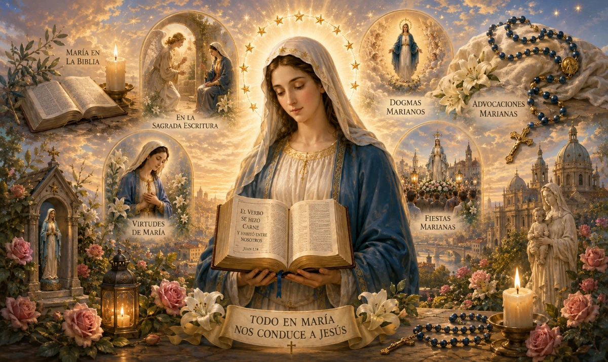 La Virgen María en el centro, serena y luminosa, sosteniendo delicadamente un libro abierto de la Sagrada Escritura. A su alrededor, integrados de forma sutil y artística, distintos elementos que simbolicen los caminos para conocerla: un rosario, lirios blancos, una pequeña iglesia, una vela, estrellas y referencias discretas a distintas advocaciones. Al fondo, una luz cálida que dirija simbólicamente hacia Cristo. Estilo ilustrado, mariano, elegante, luminoso y acogedor. Evitar aspecto fotográfico y evitar collage de escenas independientes.
