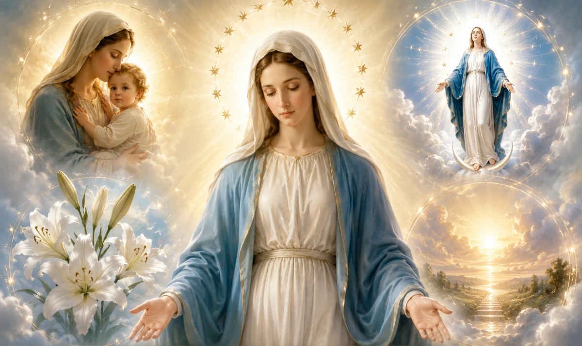 Los 4 dogmas marianos: cuáles son y qué significan. Ilustración mariana luminosa y elegante. La Virgen María en el centro, con las manos abiertas en actitud humilde y contemplativa. Alrededor, cuatro elementos simbólicos muy delicados: el Niño Jesús para la Maternidad divina, lirios blancos para la Virginidad perpetua, una luz blanca y estrellas para la Inmaculada Concepción y un cielo luminoso abierto para la Asunción. Cristo debe seguir siendo el sentido hacia el que conduce visualmente toda la composición. Sin rótulos ni palabras.