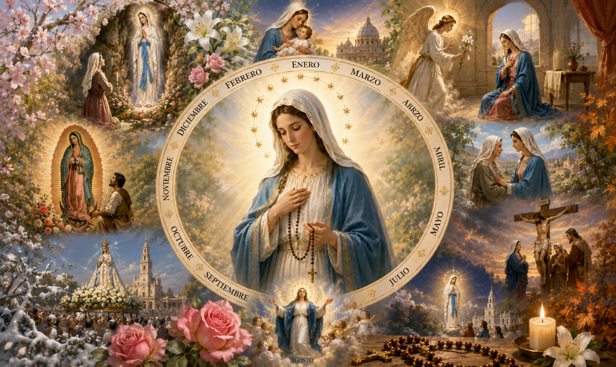 Virgen María representada junto a símbolos de las principales fiestas marianas a lo largo del año. Fiestas marianas: calendario de celebraciones de la Virgen María. Una representación serena de la Virgen María en el centro, rodeada por un delicado círculo que evoque las estaciones del año: flores de primavera, luz de verano, hojas de otoño y una suave atmósfera invernal. Integrar discretamente un rosario y pequeños símbolos marianos como lirios, estrellas y rosas. Debe transmitir que María acompaña el caminar del año litúrgico, con una luz que conduzca simbólicamente hacia Cristo. Estilo ilustrado, luminoso, elegante y mariano.