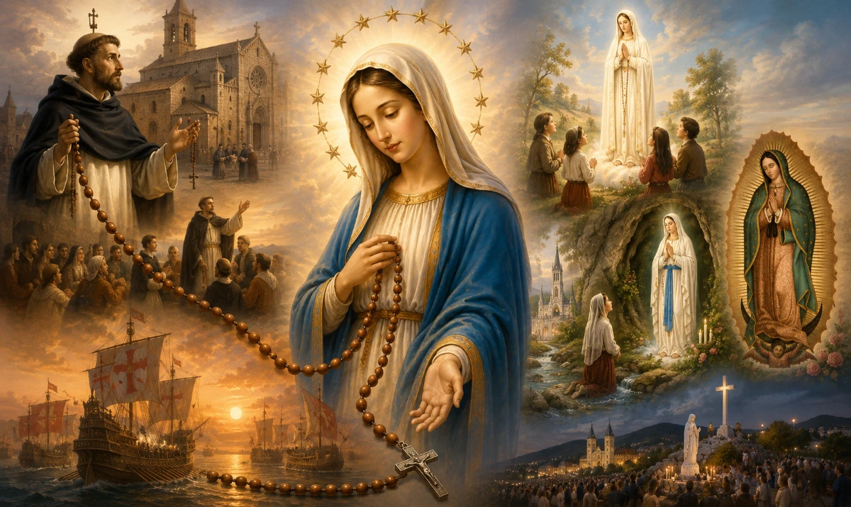 Historia del Santo Rosario representada con María, un rosario y escenas simbólicas de su evolución a través de los siglos. origen del rosario historia del santo rosario Santo Domingo y el rosario Rosario y apariciones marianas historia de la Virgen del Rosario