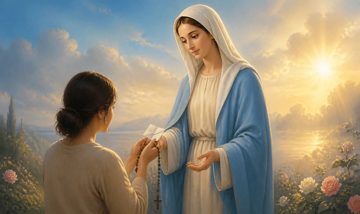 Persona ofreciendo una intención a la Virgen María mientras sostiene un rosario.