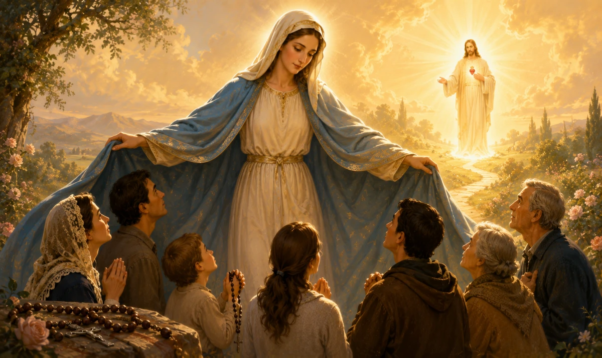 Virgen María, Madre de misericordia, conduciendo a los fieles hacia Jesús La Virgen María representada como Madre de misericordia, con expresión serena y maternal, abriendo suavemente su manto sobre varias personas de distintas edades que se acercan a ella en oración. Al fondo, una luz cálida conduce visualmente hacia Cristo, visible de manera sutil y luminosa, reforzando la frase «muéstranos a Jesús». Un rosario aparece discretamente entre las manos de una de las personas. Estilo ilustrado, espiritual, cálido y reverente, evitando un aspecto excesivamente realista.