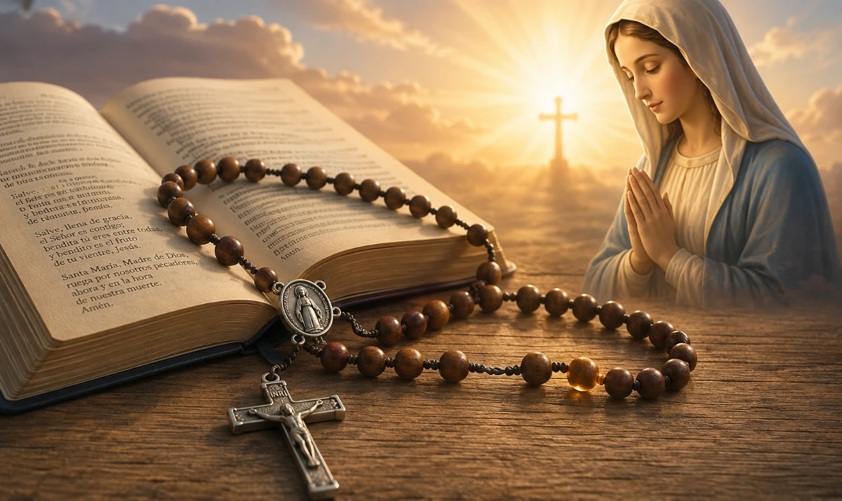 Oraciones del Rosario: cuáles son, orden y significado. Rosario junto a una Biblia abierta como símbolo de las oraciones del Santo Rosario. Ilustración horizontal 16:9, sin texto. Rosario extendido sobre una mesa sencilla junto a una Biblia abierta. Algunas cuentas aparecen suavemente destacadas para sugerir el recorrido de las distintas oraciones. Al fondo, presencia serena y discreta de la Virgen María orientando la mirada hacia una luz cálida que representa a Jesucristo. Estilo ilustrado, mariano, recogido y luminoso.