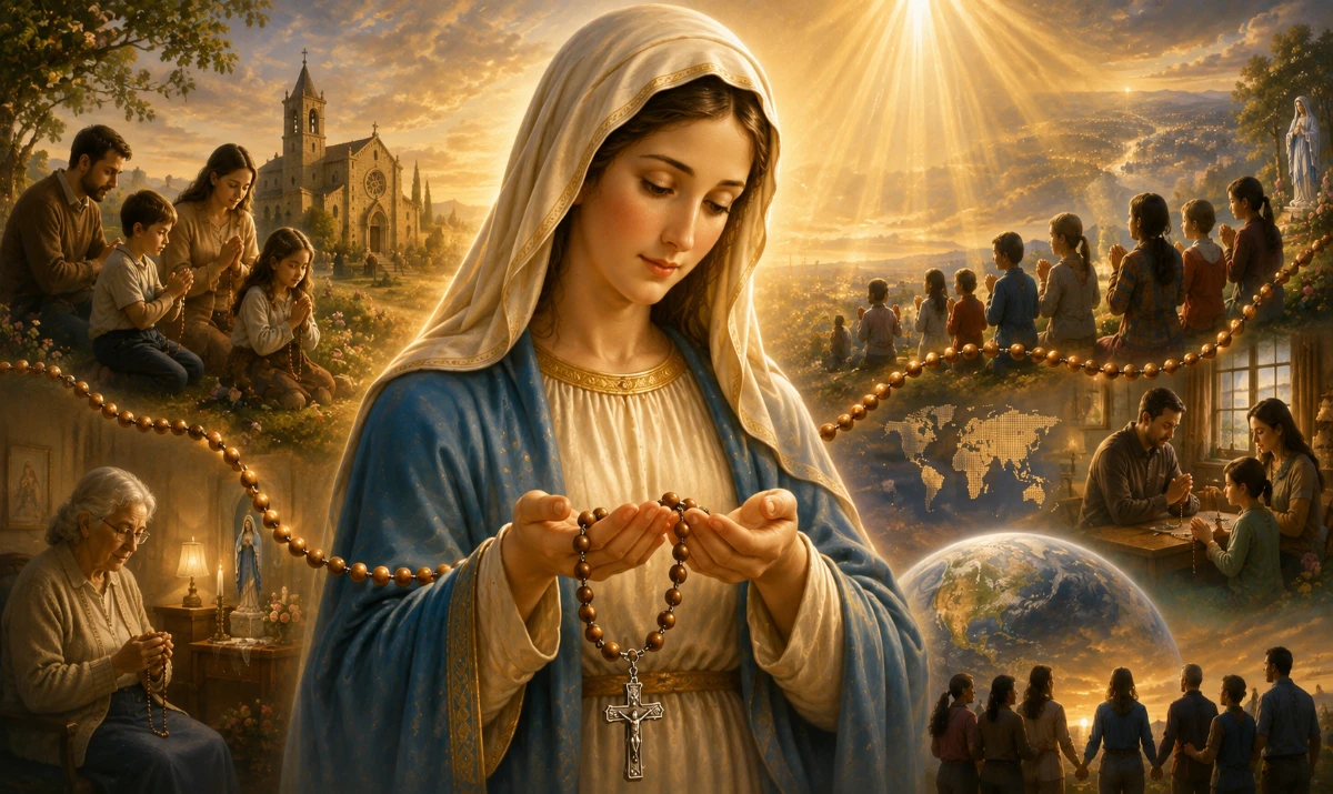 Virgen María invitando a rezar el Santo Rosario. Ilustración mariana 16:9, sin texto. La Virgen María en actitud maternal y serena sosteniendo delicadamente un Rosario entre sus manos; al fondo, de forma sutil, una familia y varias personas rezando en diferentes lugares del mundo, unidas simbólicamente por las cuentas del Rosario. Luz cálida procedente del cielo, ambiente de oración y esperanza, más ilustración que realismo, composición diferente de las imágenes habituales del blog.