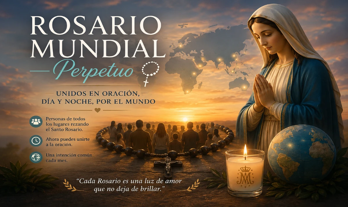 Virgen María junto a un rosario que une a personas de todo el mundo en el Rosario Mundial Perpetuo.