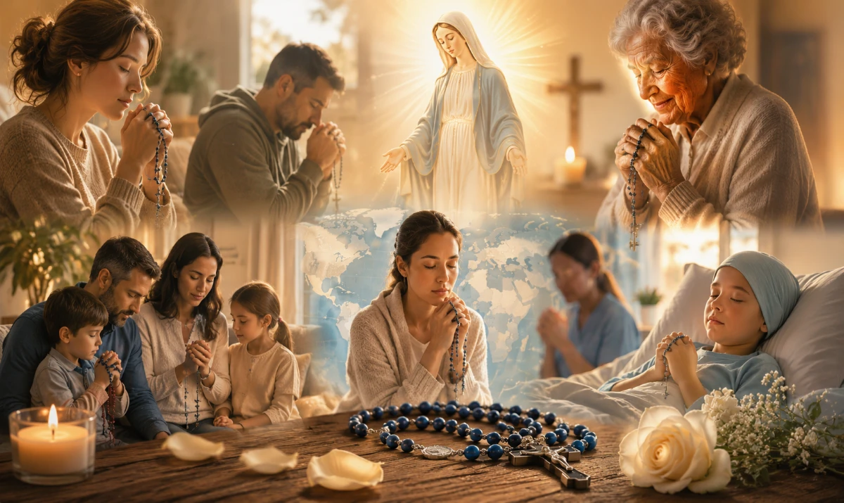 Testimonios y milagros del Rosario: fe, frutos y esperanza Varias personas de distintas edades y situaciones rezando el Rosario en contextos cotidianos: una familia, una persona enferma acompañada, una persona sola y otra en una iglesia. María sugerida delicadamente mediante luz o presencia maternal, sin representar que produce directamente un milagro. Estilo ilustrado, humano, sereno y luminoso.