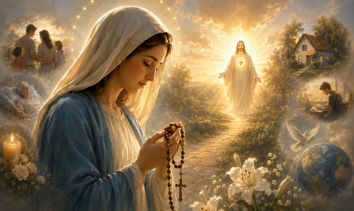 La Virgen María acompañando hacia Jesucristo con un rosario entre sus manos. La Virgen María en una escena serena y luminosa, no como figura aislada sino orientando delicadamente hacia Jesucristo. Puede sostener discretamente un rosario mientras, al fondo, una luz cálida conduce visualmente hacia Cristo. Estilo ilustrado, íntimo y profundamente mariano, con azules suaves, blancos y luz dorada. Evitar aspecto de estampa recargada o excesivamente realista.