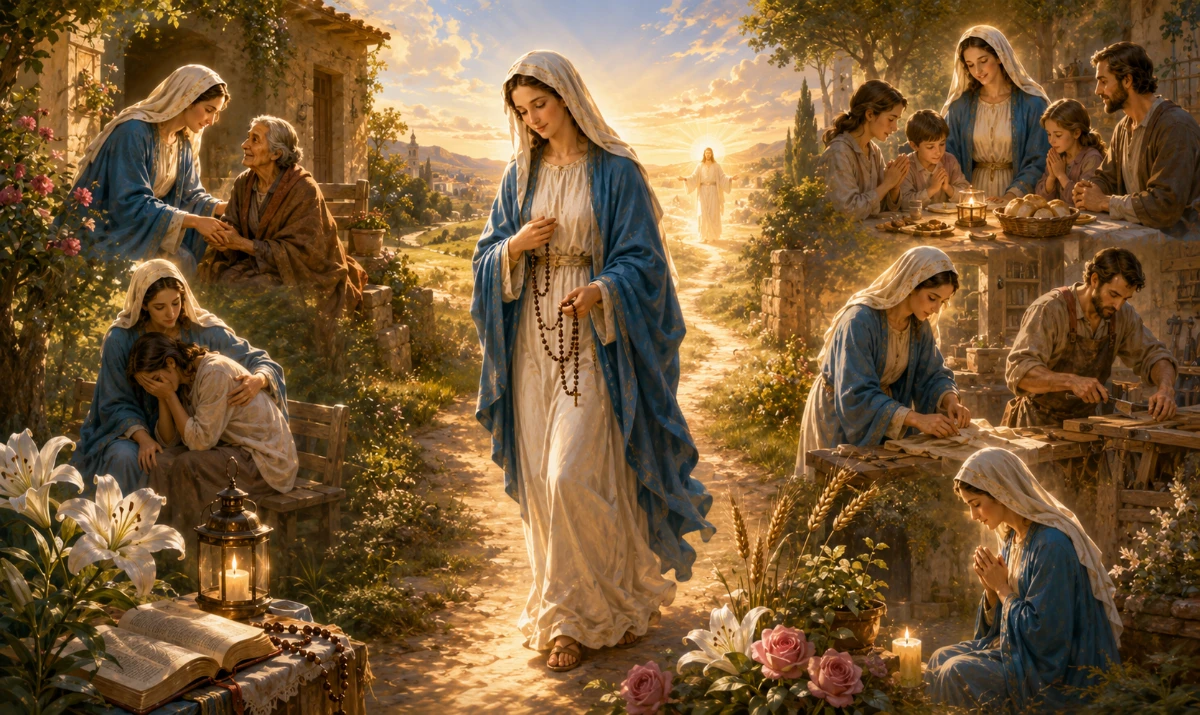 Virgen María como ejemplo de fe, humildad, servicio y confianza en la vida cotidiana. Una escena ilustrada y profundamente humana. La Virgen María aparece caminando por un sendero sencillo, no entronizada, con expresión serena y humilde. A lo largo del camino aparecen discretamente distintas escenas de la vida cotidiana: una persona cuidando a un anciano, alguien consolando a quien sufre, una familia reunida, una persona trabajando y otra rezando en silencio. María lleva un rosario discretamente entre las manos y dirige su mirada hacia una luz cálida al fondo que simboliza a Cristo. Incluye pequeños símbolos naturales de sus virtudes: lirios, una pequeña lámpara encendida, espigas y rosas. Estilo ilustrado, cálido, luminoso, íntimo y mariano. “María nos enseña a vivir el Evangelio en la vida cotidiana”.
