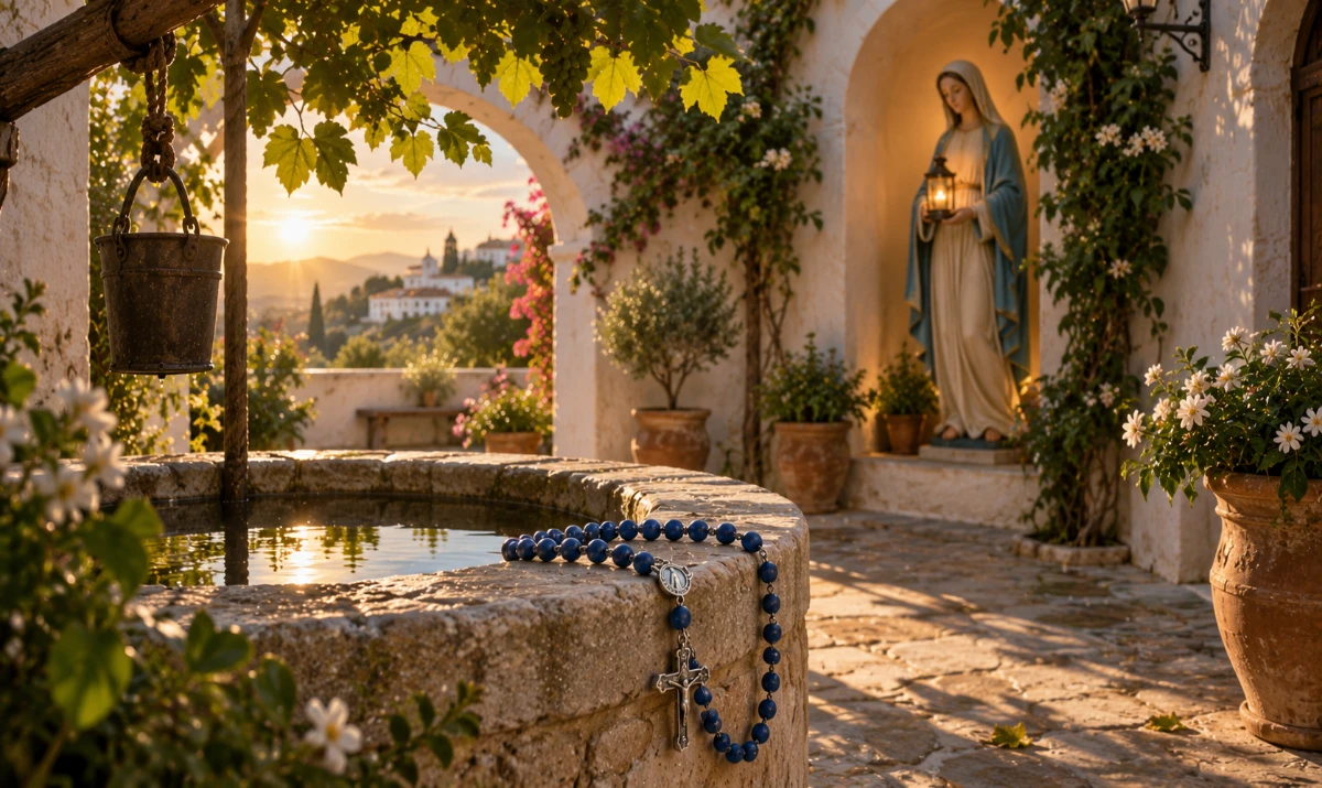 Oración a María, Madre castísima. Un antiguo patio mediterráneo encalado a primera hora de la mañana. En el centro hay un pequeño pozo de piedra con agua cristalina y, sobre su borde, un rosario de cuentas azules. Una parra proyecta sombras delicadas sobre las paredes blancas. Al fondo, bajo un arco, aparece María de manera visible pero serena, vestida con tonos marfil y azul profundo, sosteniendo una pequeña lámpara encendida entre las manos. No mira al espectador, sino hacia la luz. La escena transmite limpieza interior, dignidad, fidelidad y amor sereno.